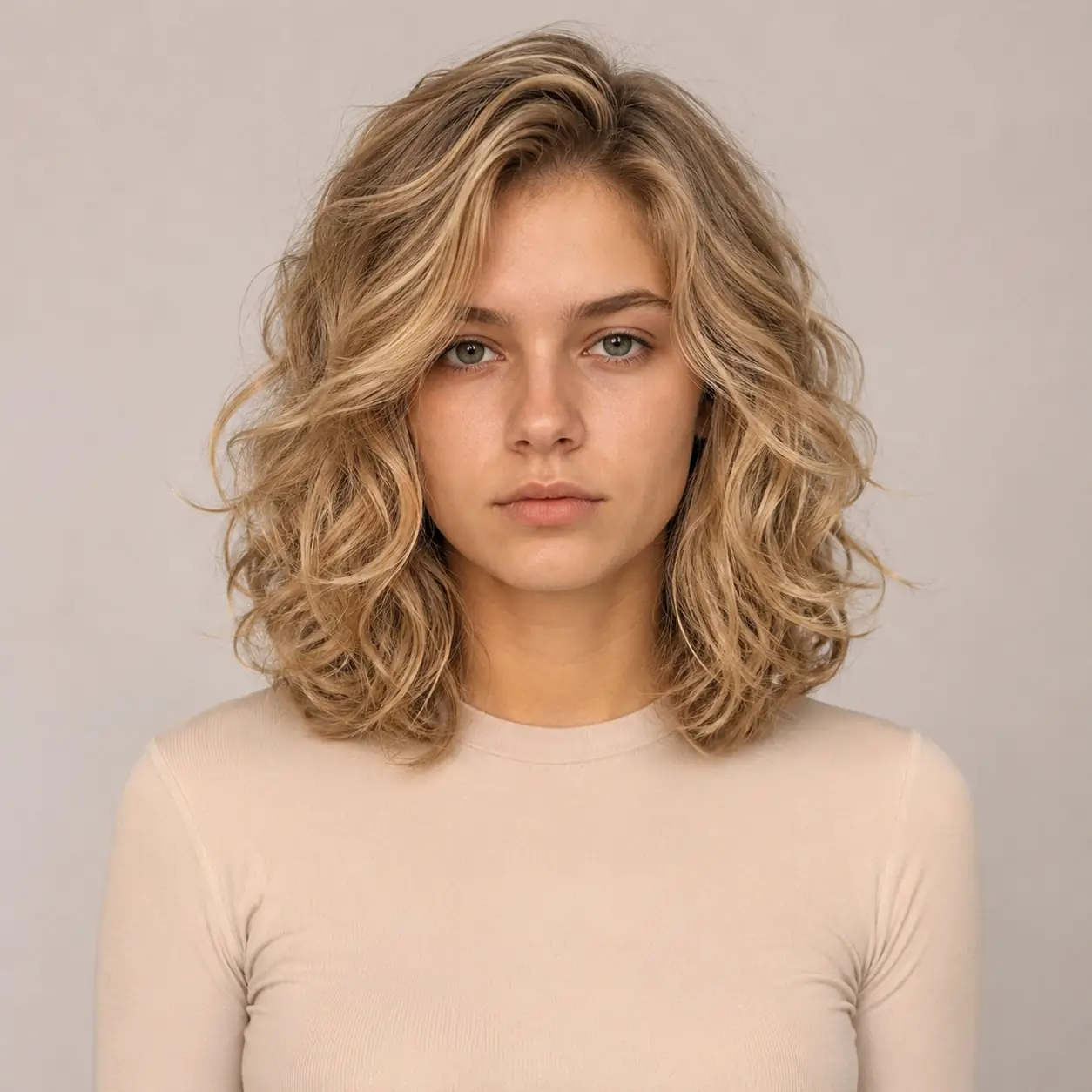 Curly collarbone lob with plenty of volume and a face-framing shape