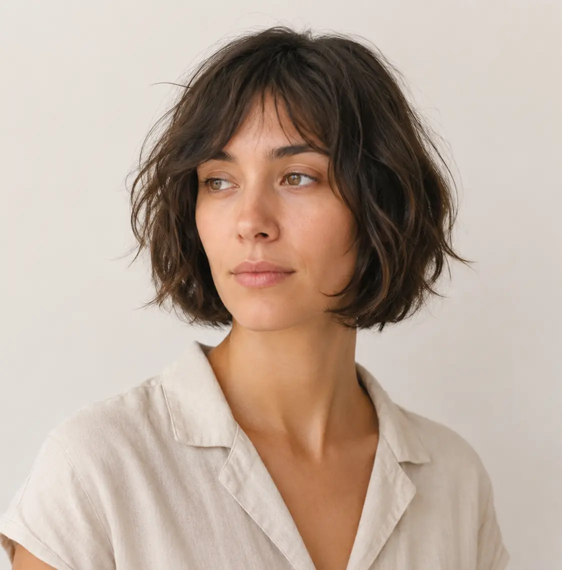 Air-dried dark brown textured bob with a soft fringe embracing natural bend on fine wavy hair