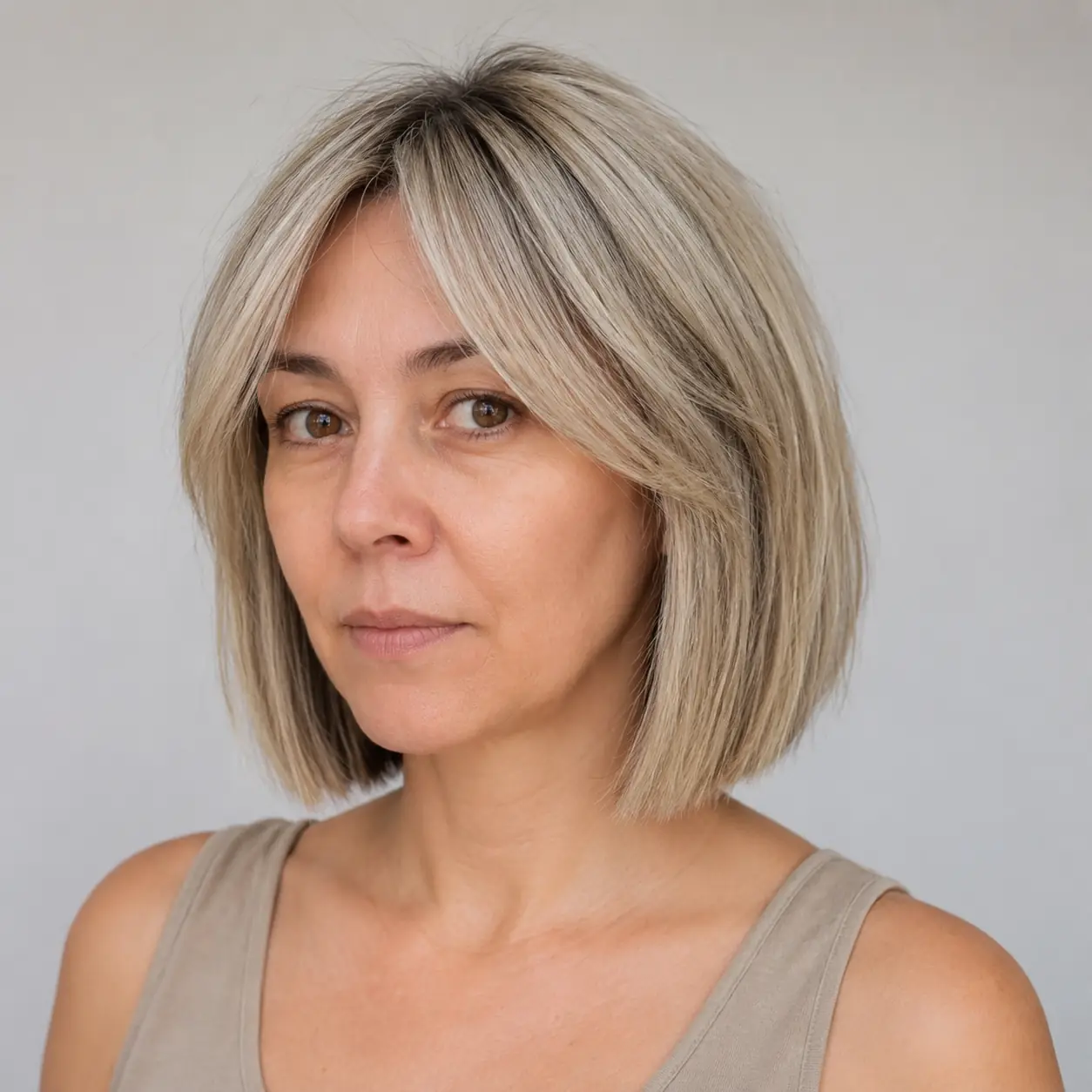 Cool ash-blonde bob with woven lowlights building dimension and a soft fringe on fine hair