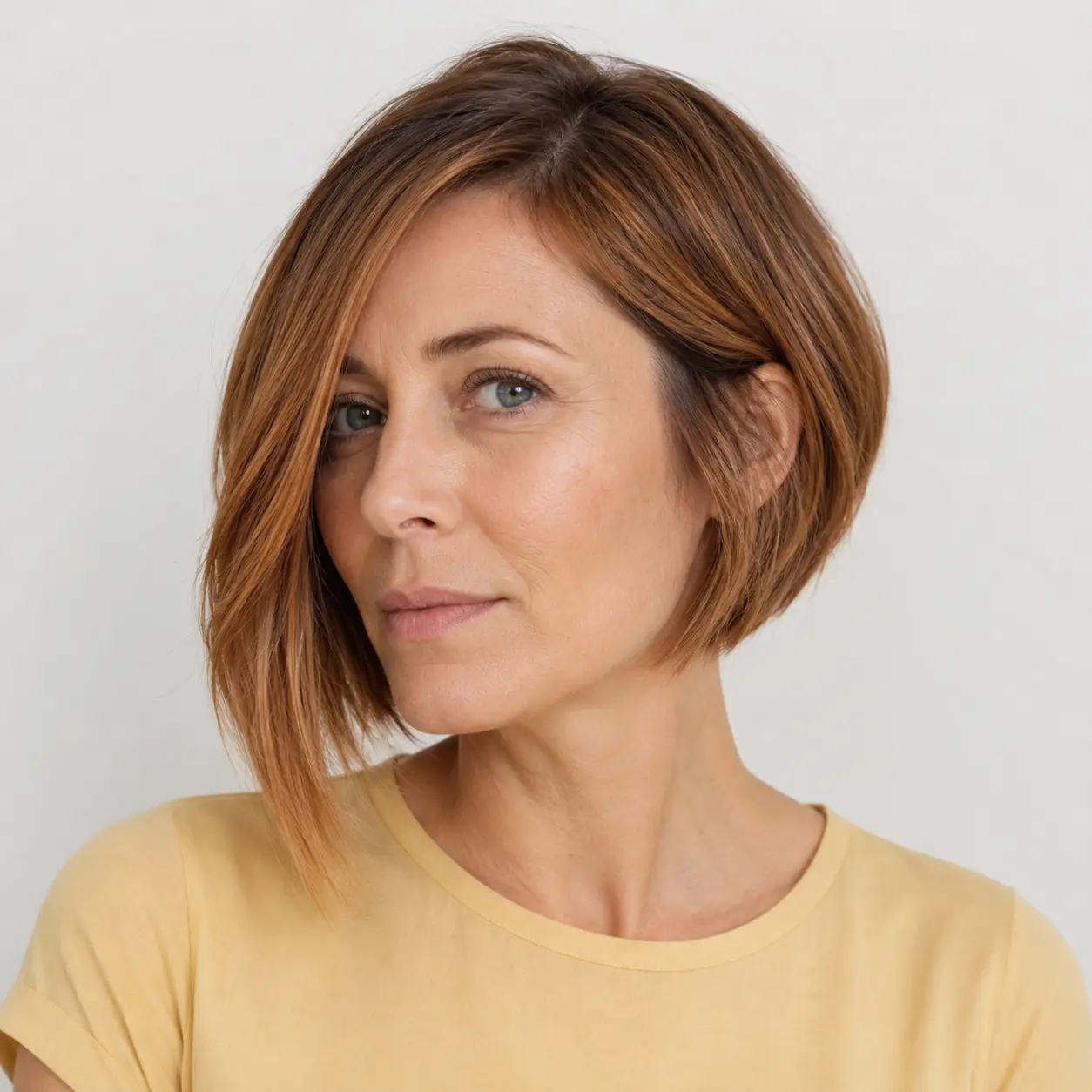 Copper asymmetrical bob cut longer on one side adding edge and the illusion of thickness on fine hair