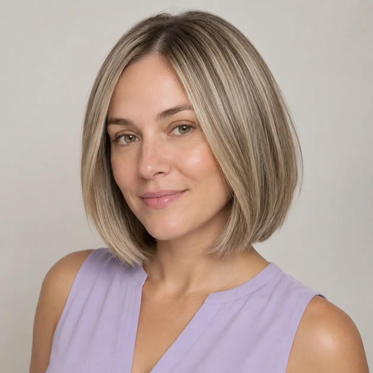 Blonde bob with fine delicate babylights creating soft natural dimension on fine hair