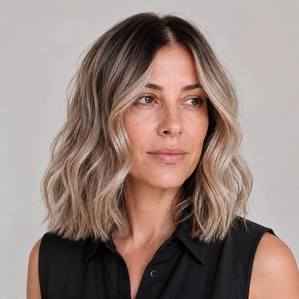 Bronde beachy wavy lob with loose airy waves adding soft volume to fine hair