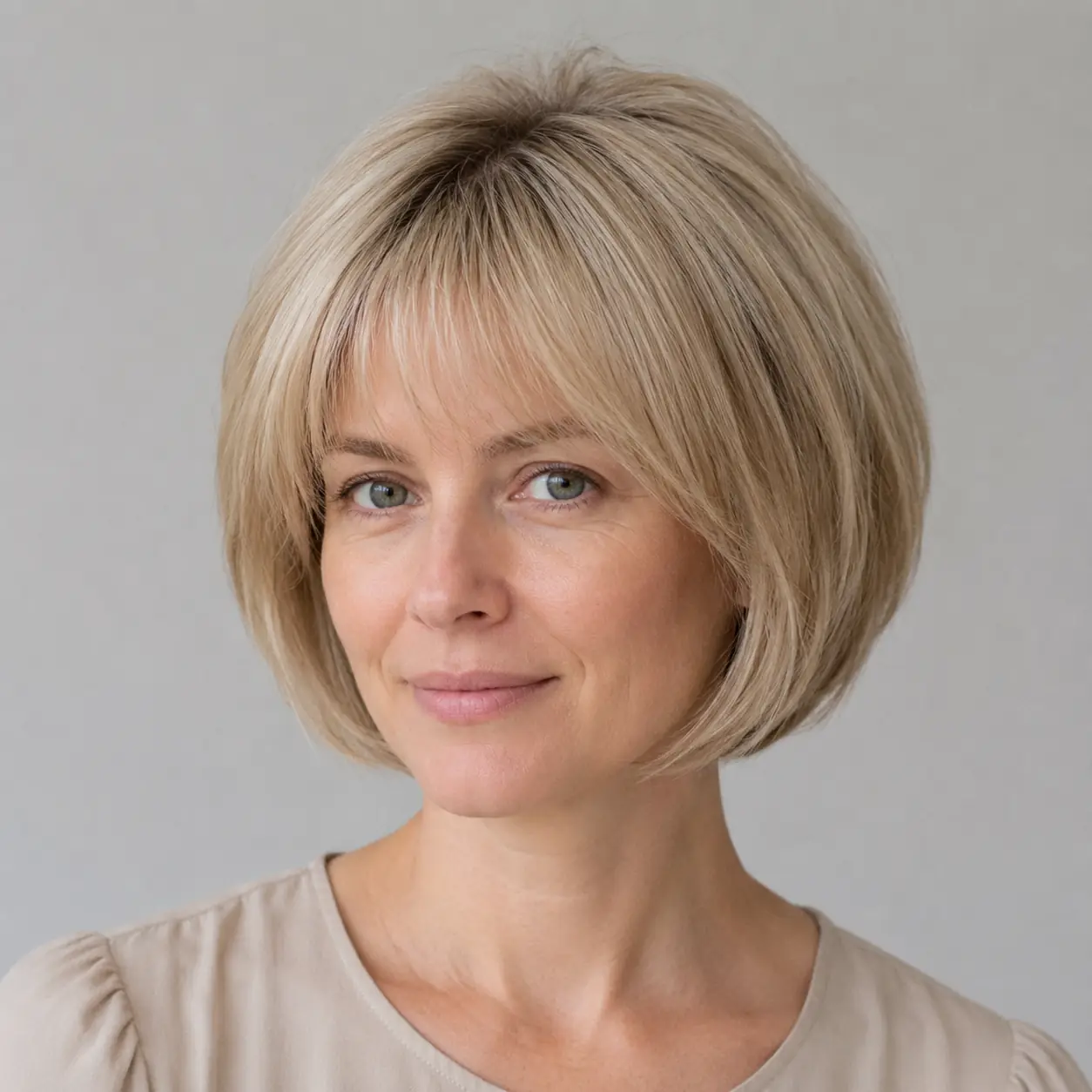 Blonde round bob blow-dried for maximum volume with full bouncy body on fine hair
