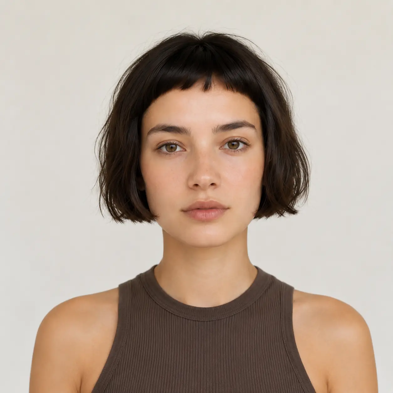Dark bob with short blunt baby bangs giving a bold graphic edge on fine hair