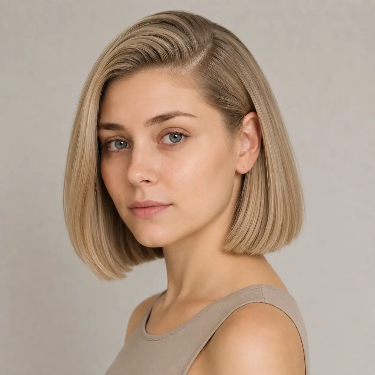 Blonde blunt bob with a deep side part lifting the root for volume on fine hair