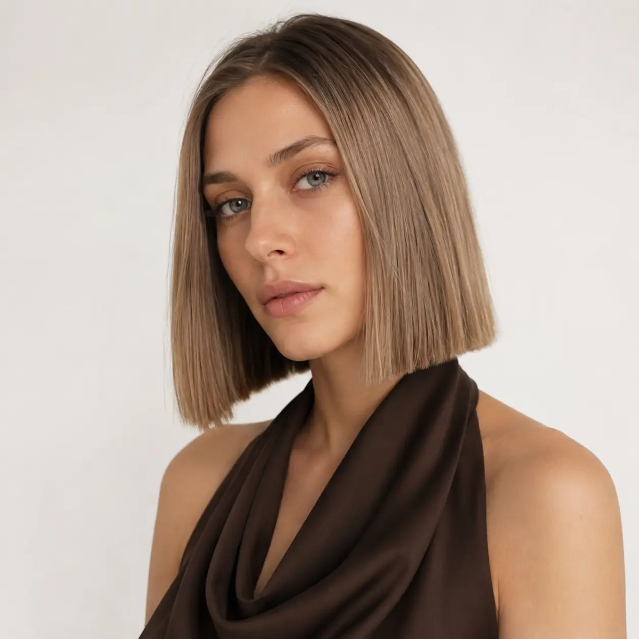 Bronde blunt lob falling just below the chin with a clean dense edge on fine straight hair