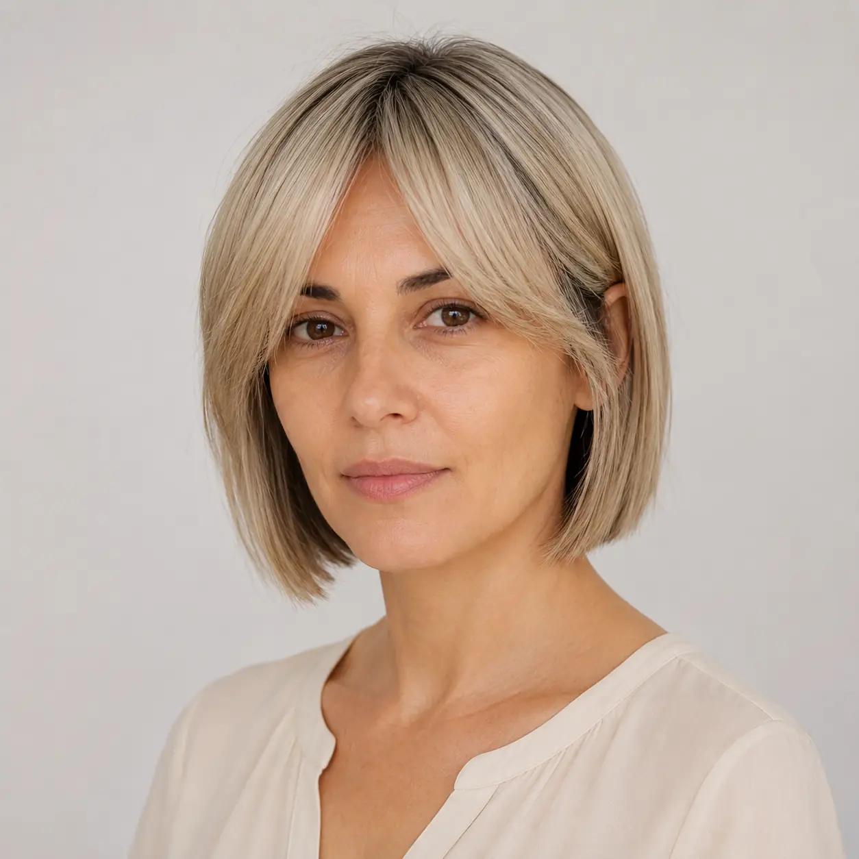 Blonde bob with bottleneck bangs shorter in the center and longer at the sides on fine hair