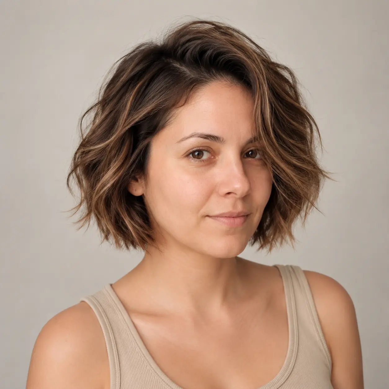 Bronde balayage bob with seamless hand-painted dimension through the wavy lengths on fine hair