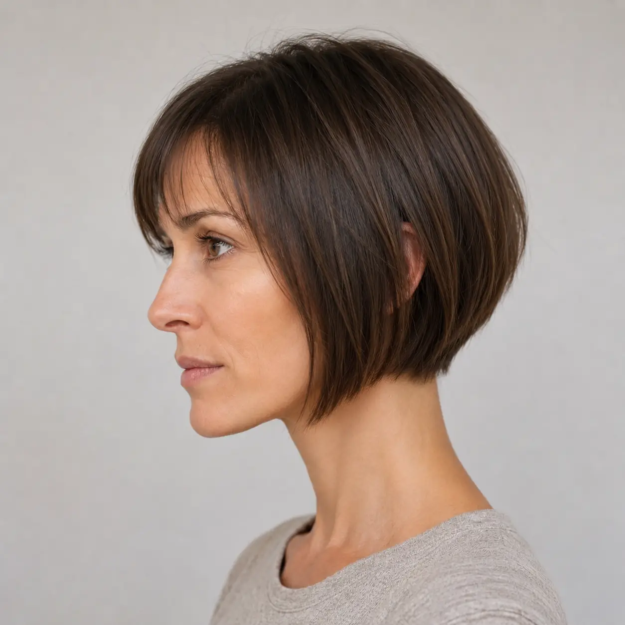 Brown chin-to-cheek angled bob with a strong diagonal line flattering a round face on fine hair