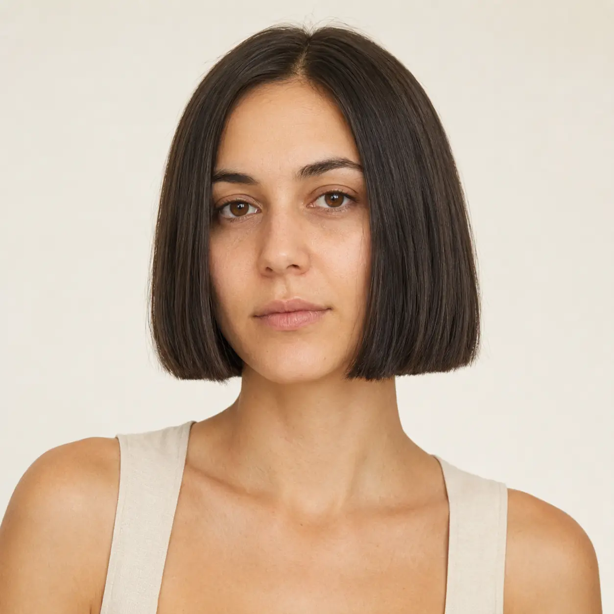Classic blunt chin-length bob in dark brown with a dense glossy perimeter on fine hair