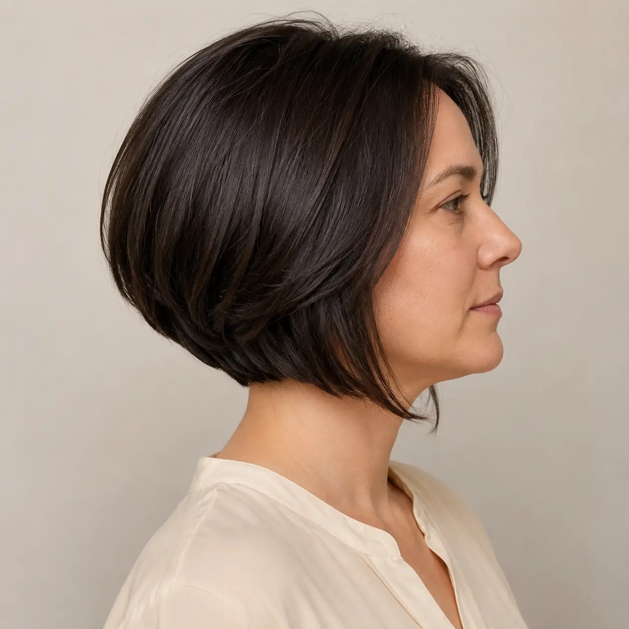 Dark brown concave graduated bob curving from a longer front to a lifted back on fine hair