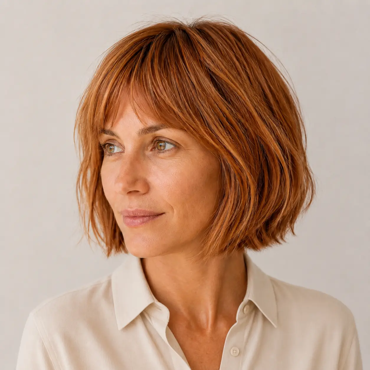 Dimensional copper bob layering warm tones for rich glowing depth on fine hair