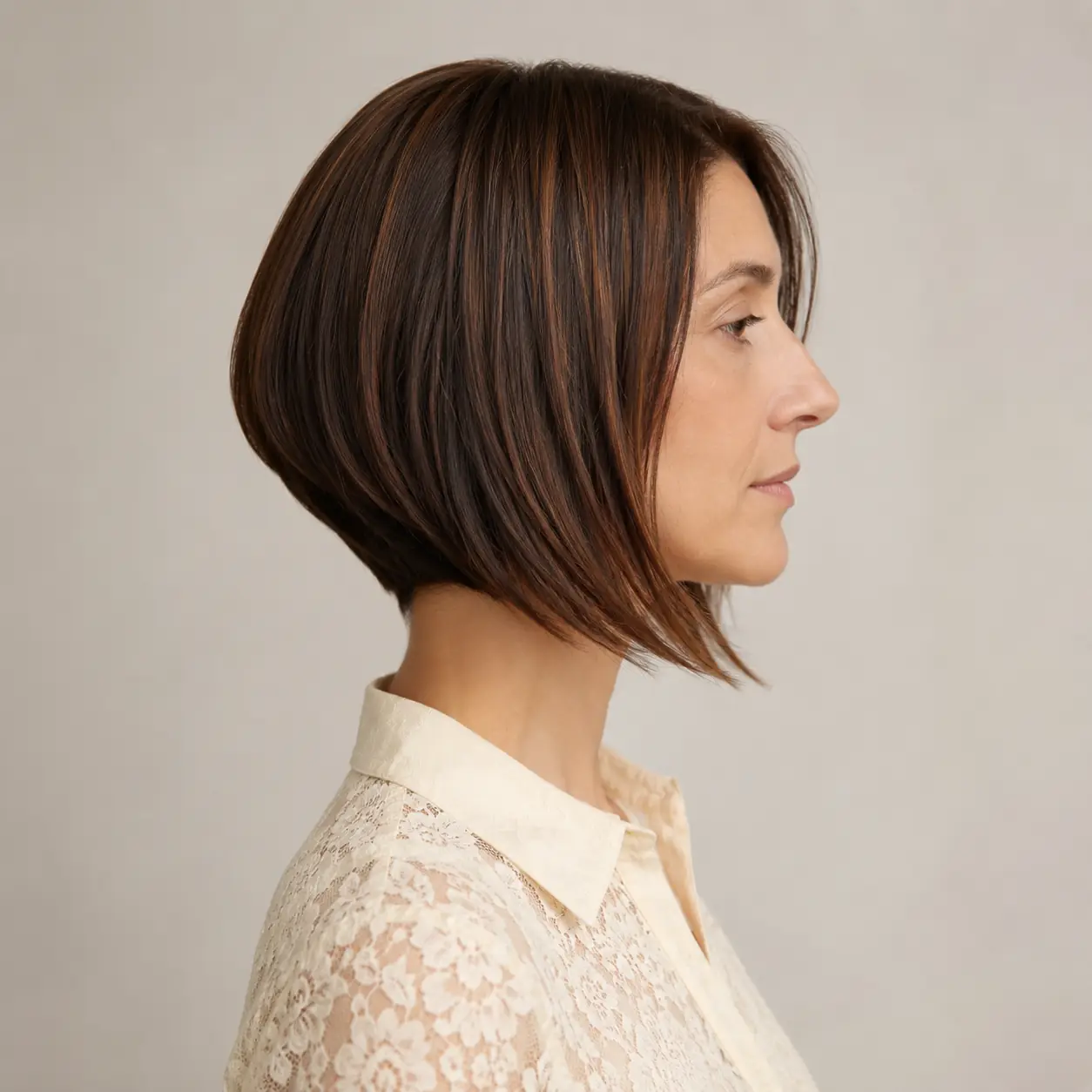 Brunette bob with subtle lighter pieces adding depth and movement on fine dark hair