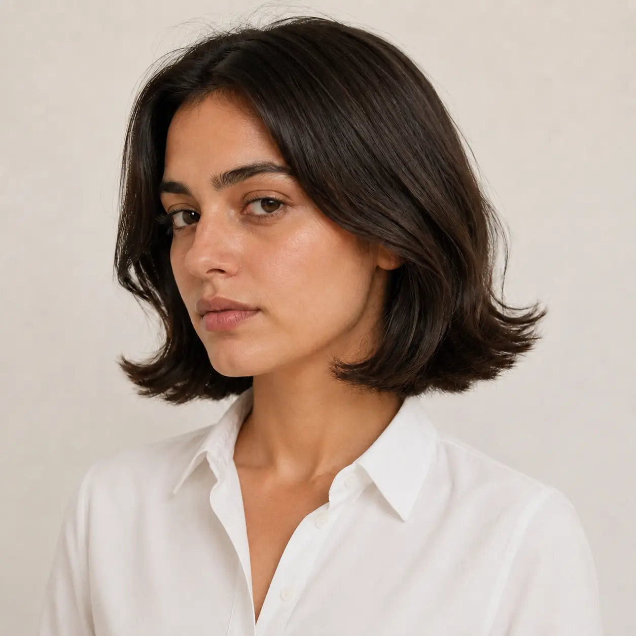 Dark brown bob with layers flicked out at the ends for a bouncy 90s swing on fine hair