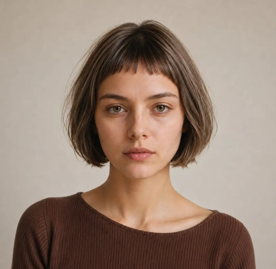Short blunt French bob with micro-bangs in brown, dense and chic on fine hair
