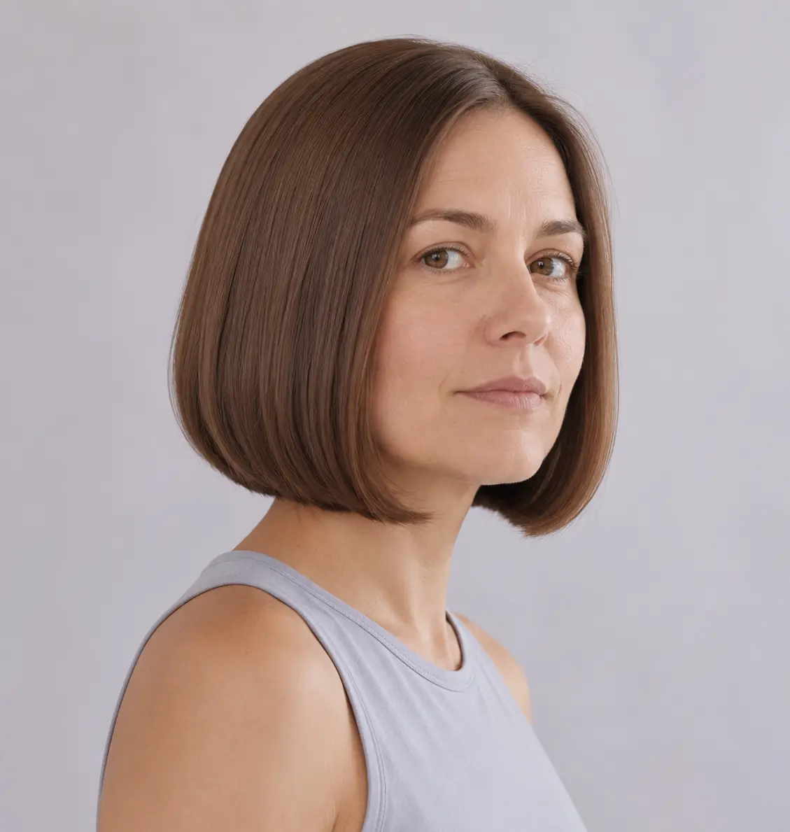 Brown glass-hair bob smoothed to a mirror shine so fine hair reads glossy and dense