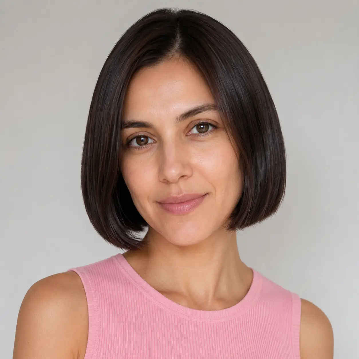 Glossy dark brown blunt bob with a smooth reflective finish making fine hair look dense