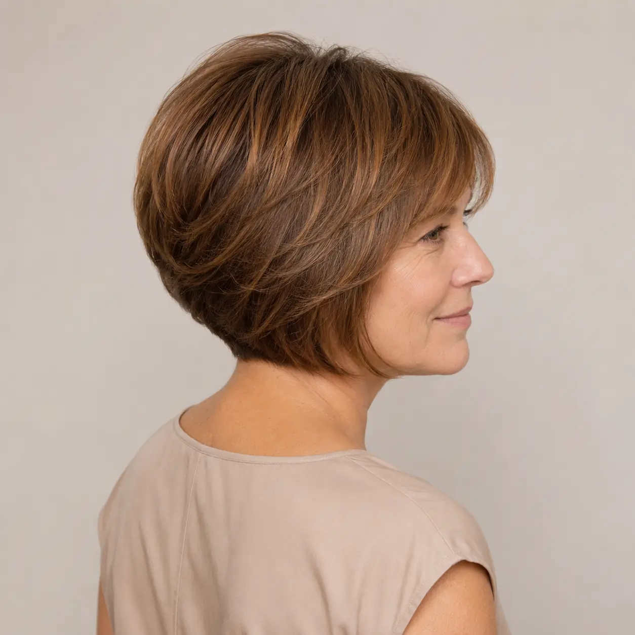 Warm-toned graduated bob with a lifted crown and real height on fine hair
