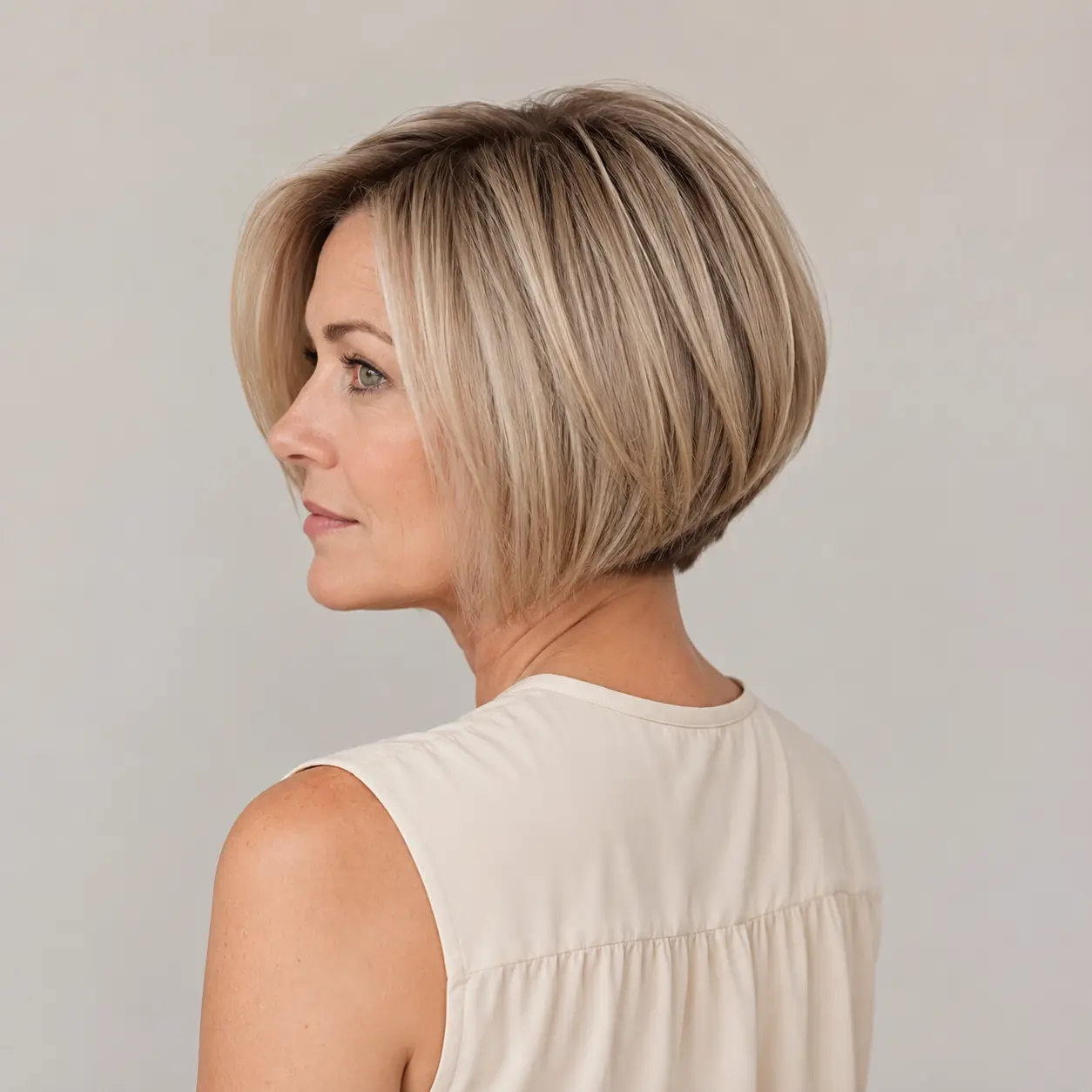 Inverted blonde bob shorter at the back with dark roots adding crown volume on fine hair