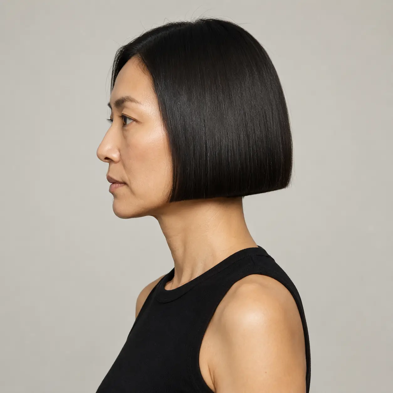 Sharp jaw-skimming blunt bob in glossy black with an architectural line on fine straight hair