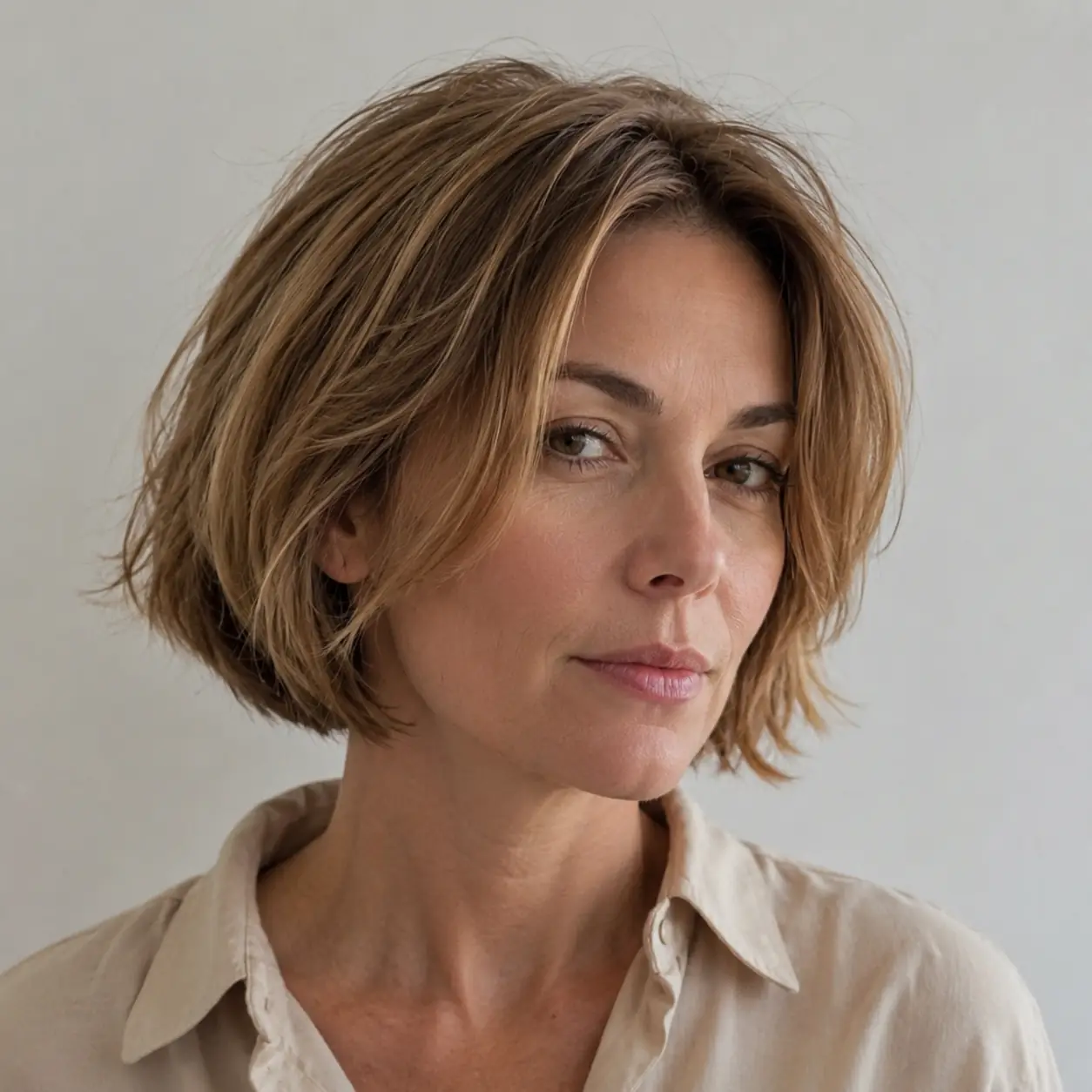 Bronde lightweight layered bob with carefully placed point-cut layers and no over-razoring on fine hair
