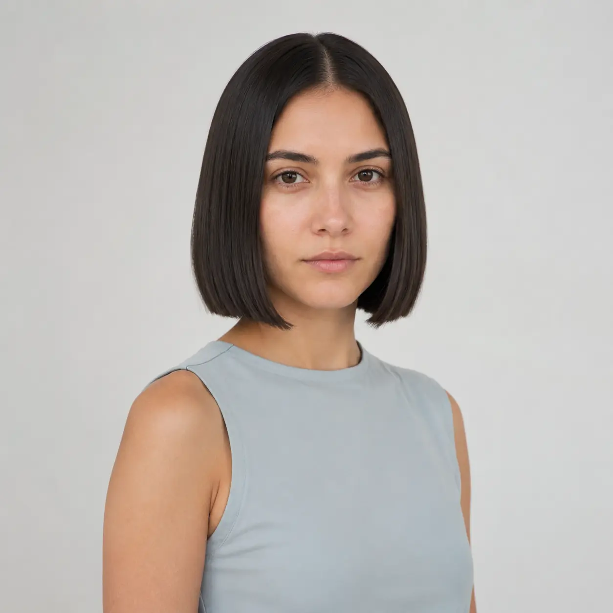 Black liquid bob with polished turned-under ends and a high-shine finish on fine hair