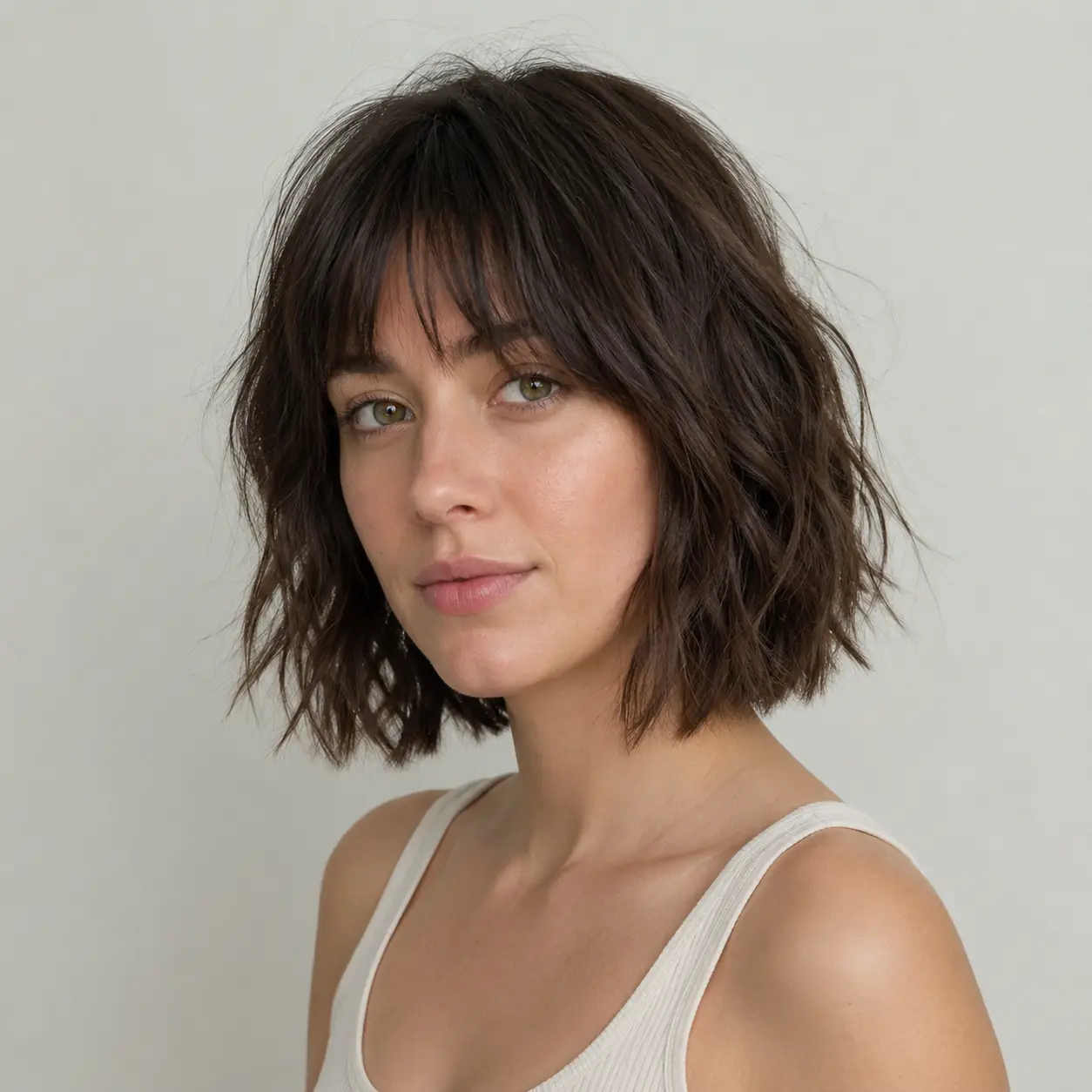 Dark tousled bob lifted with mousse and a soft fringe reading full and undone on fine hair