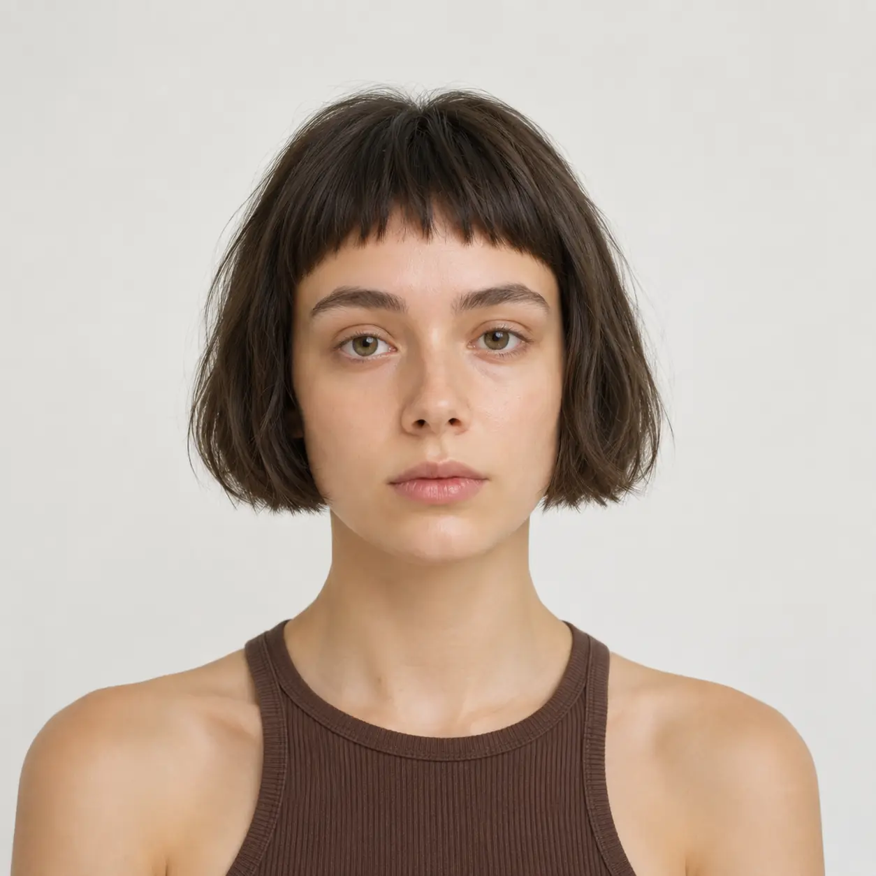 Brown nape-length crop bob with soft micro-bangs, short and full through the interior on fine hair