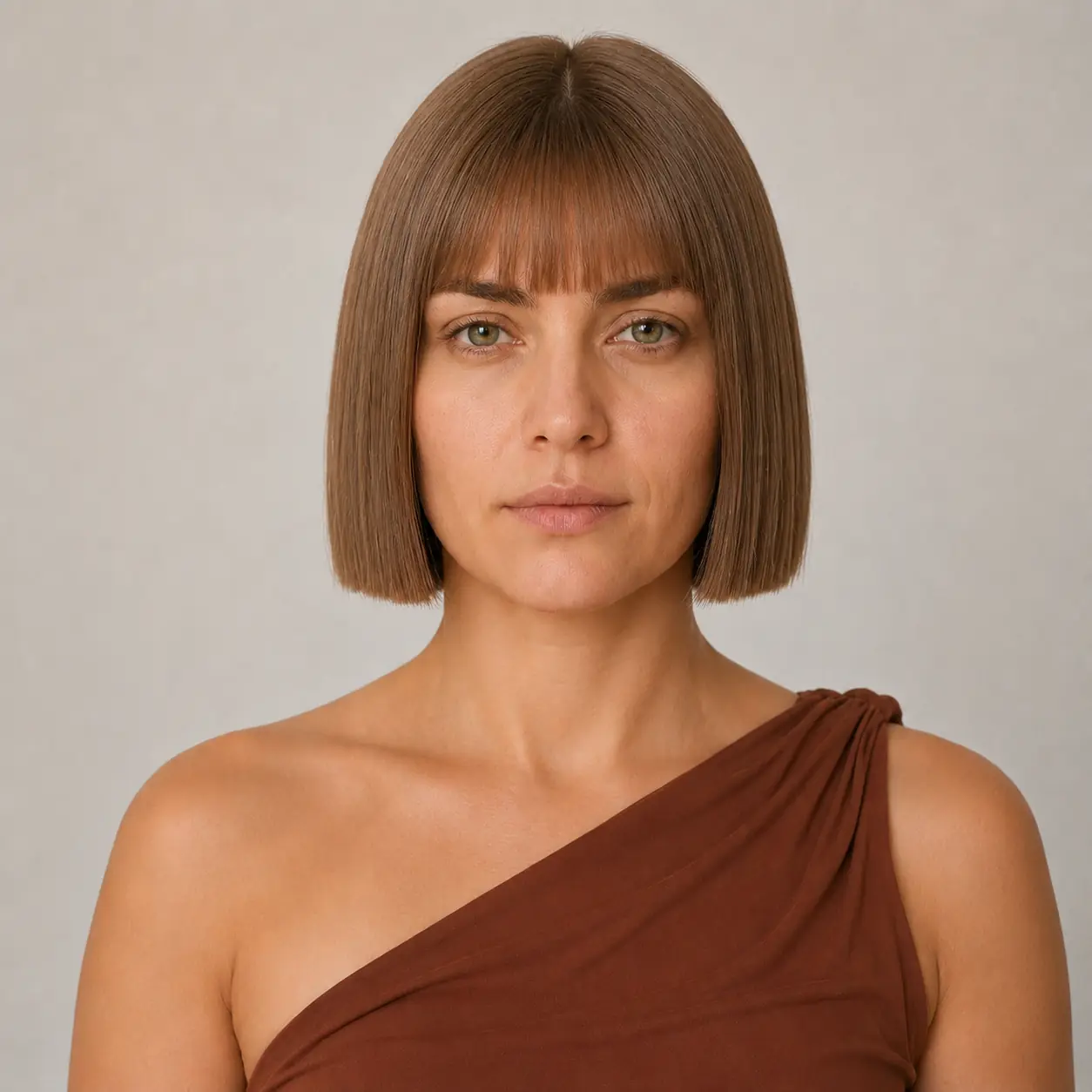 One-length brown box bob with a soft blunt fringe building maximum density on fine hair