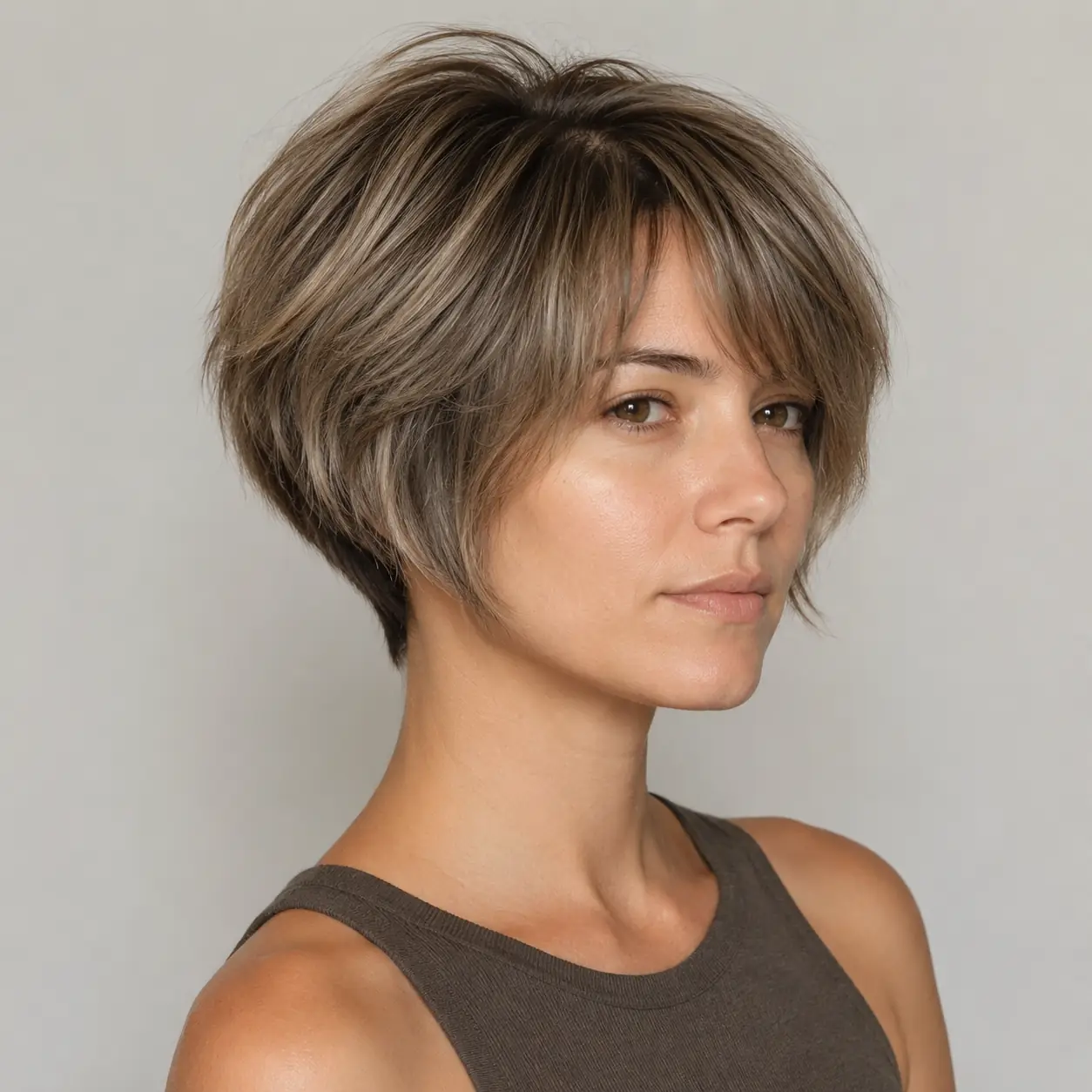 Gray-brown pixie-bob blending crown lift with a fuller bob perimeter on fine hair