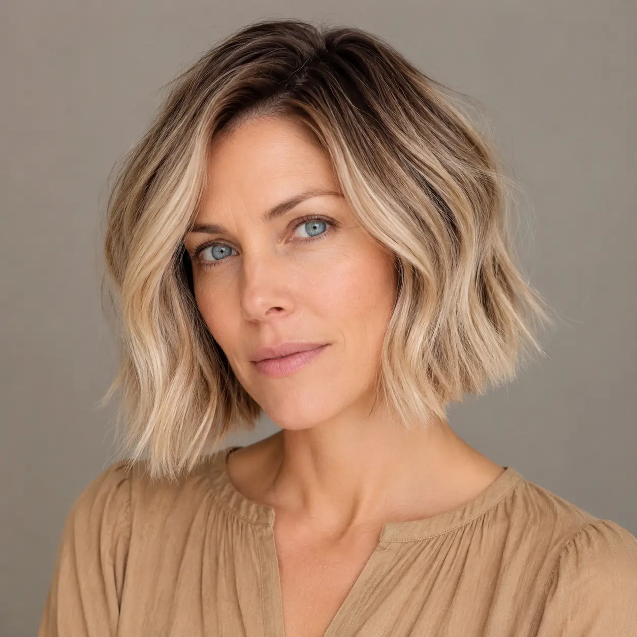 Beige-blonde bob with a soft root shadow keeping the color dimensional on fine hair