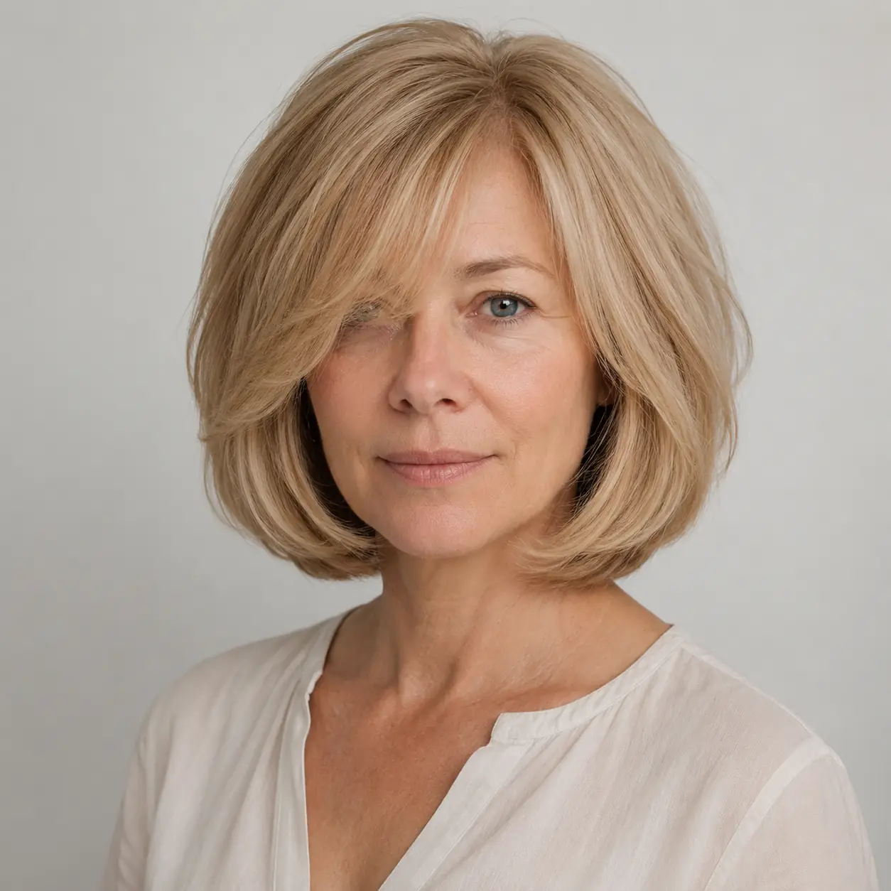 Blonde rounded bob curved under at the ends building a full classic shape on fine hair