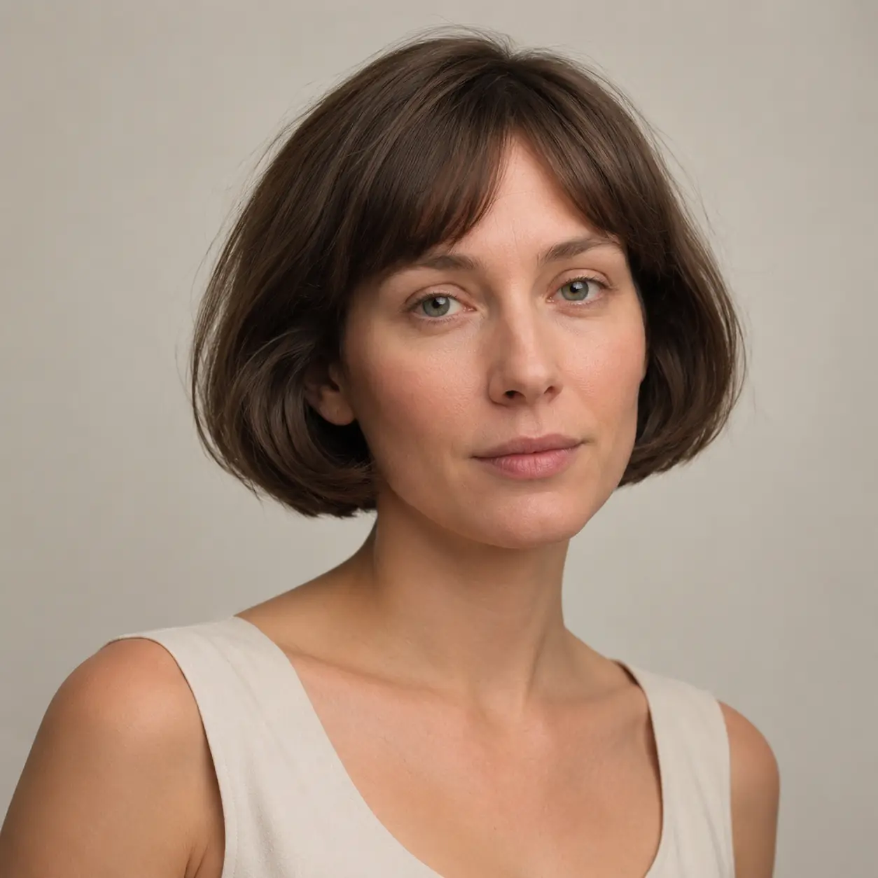 Rounded brown French bob with a soft fringe and a compact bouncy shape on fine hair
