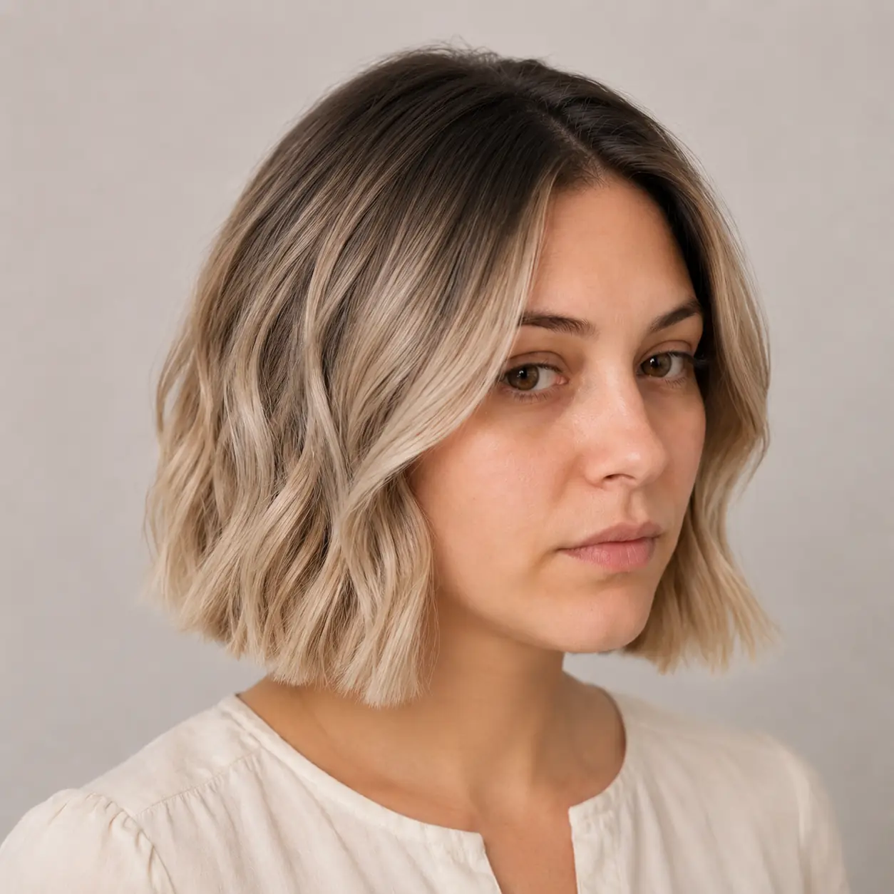 Bronde shadow-root bob with depth at the scalp making the crown look denser on fine hair