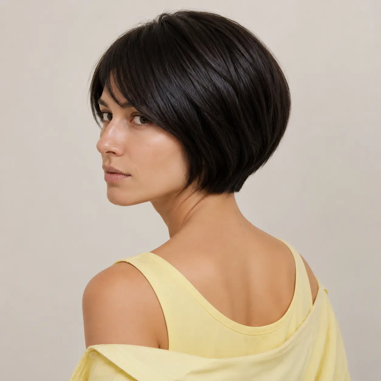 Short dark stacked bob with light internal layering building body on fine hair