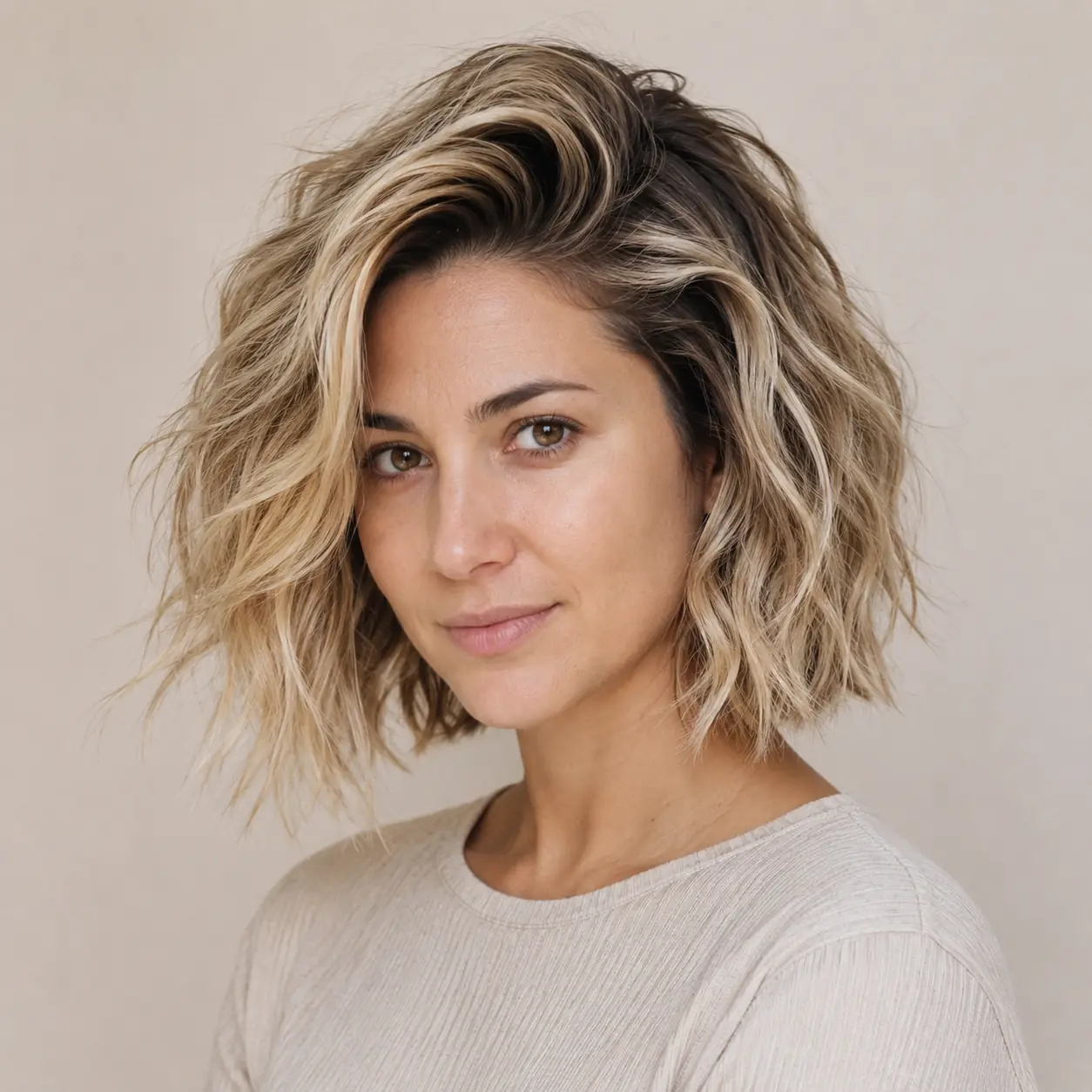 Side-parted bronde wavy bob with root lift and soft waves for body on fine hair
