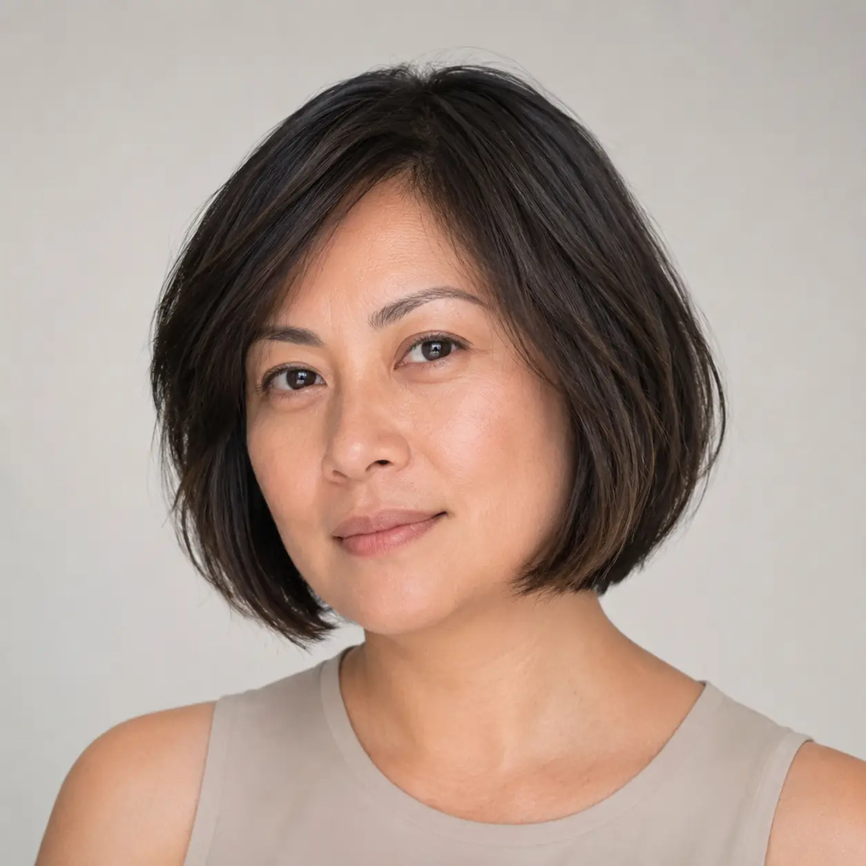 Side-swept sleek dark bob sweeping the length across for a polished asymmetric finish on fine hair