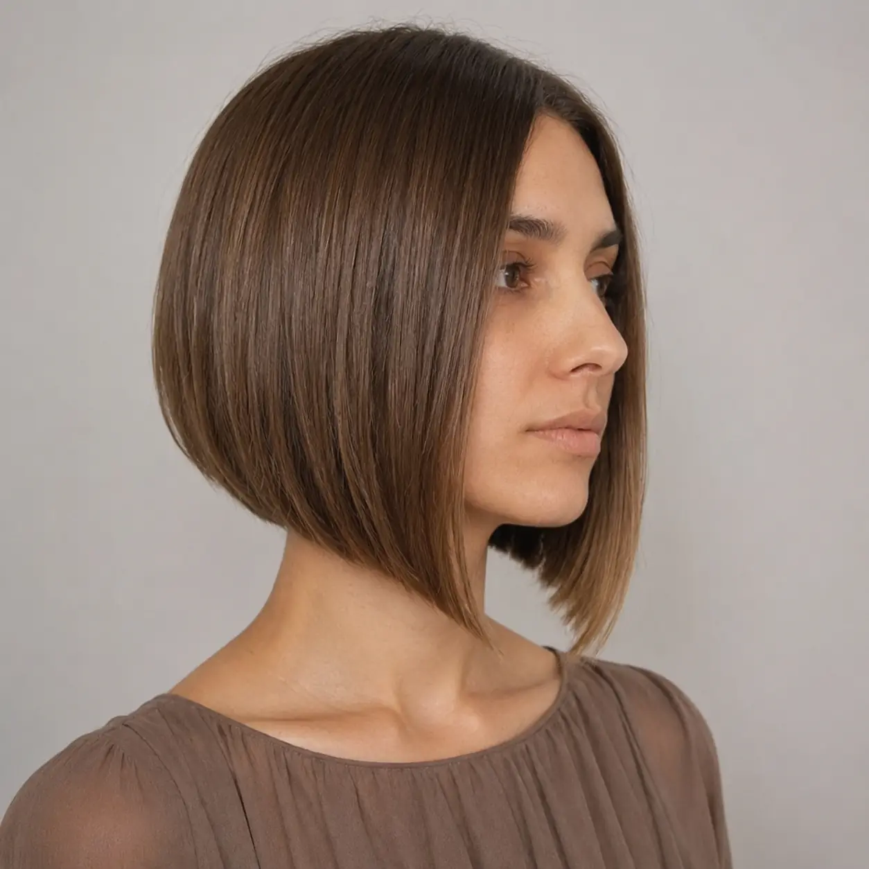 Sleek brown A-line bob angled longer at the front with a graduated back on fine hair