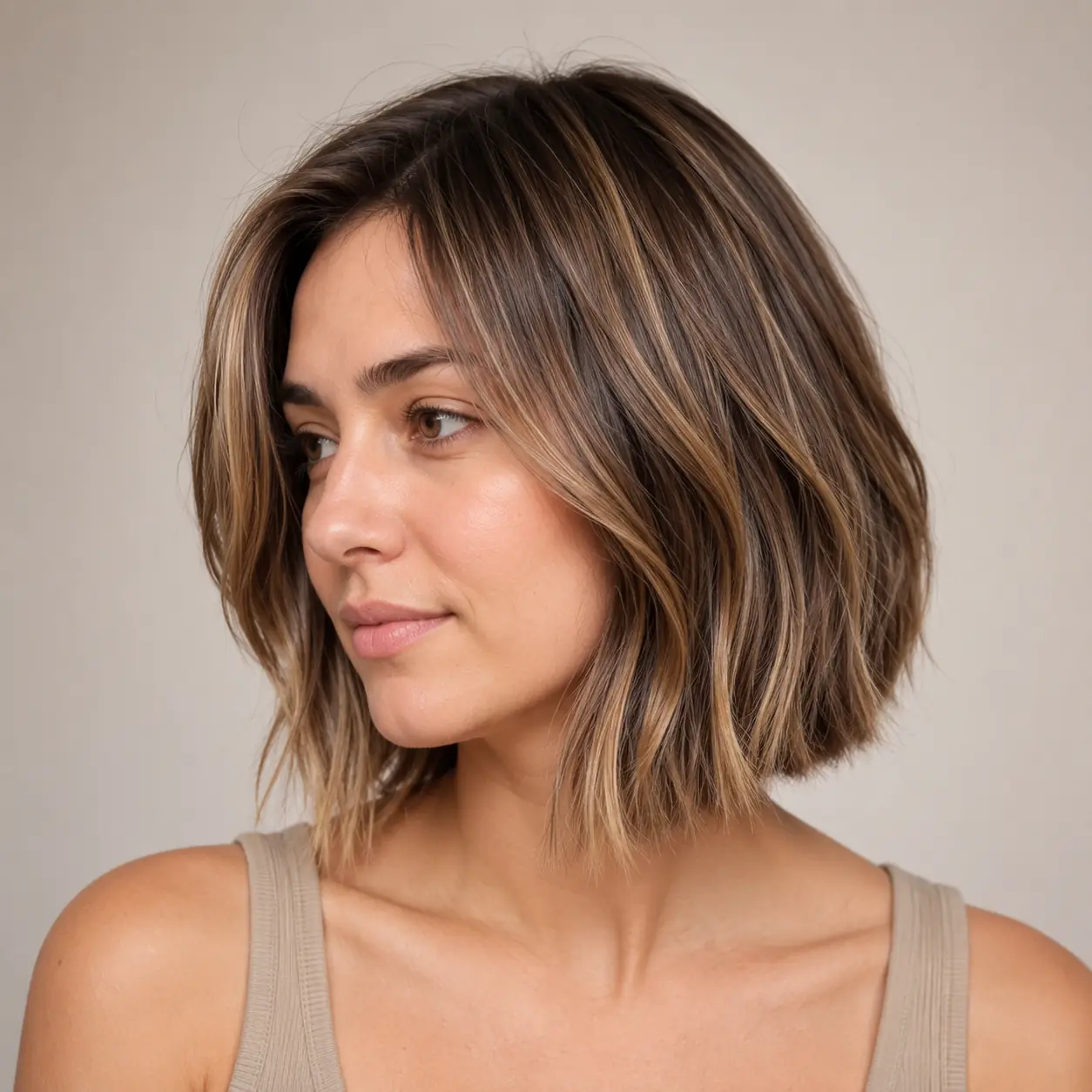 Soft angled bob with a gentle forward slope and caramel dimension on fine hair