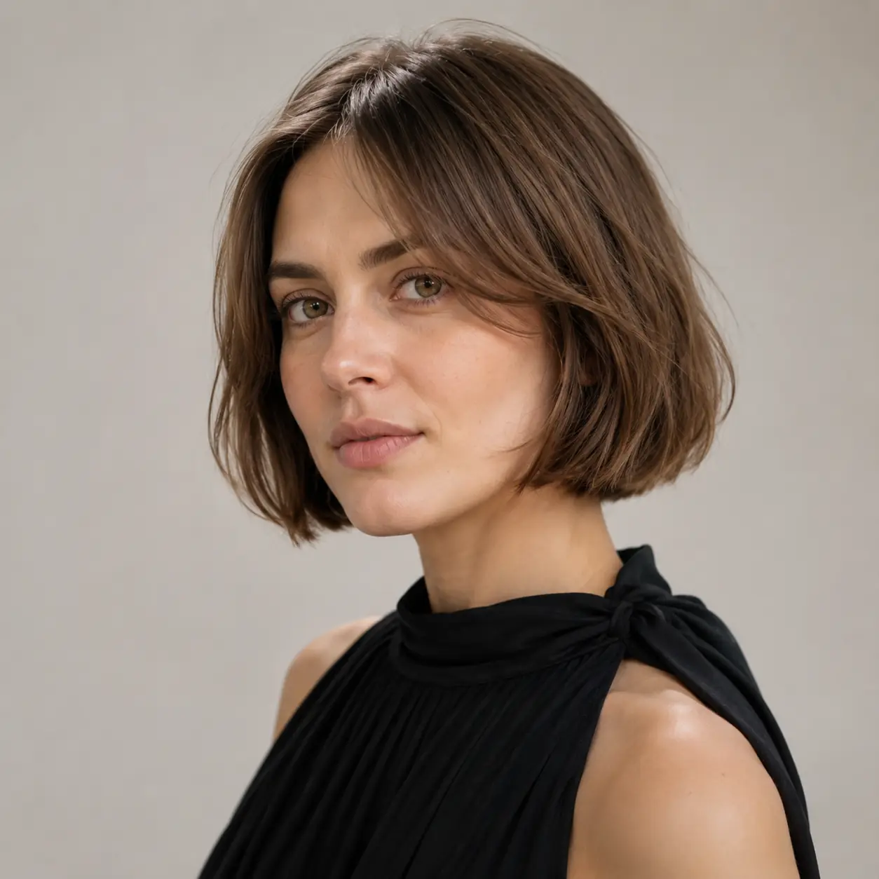 Brown chin bob with a soft bend at the ends adding gentle movement and body on fine hair