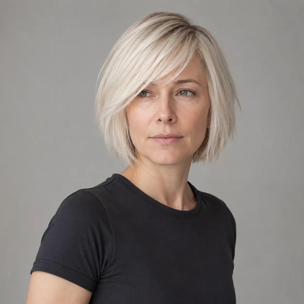 Blonde-silver bob with a soft side-swept fringe framing a mature face on fine hair