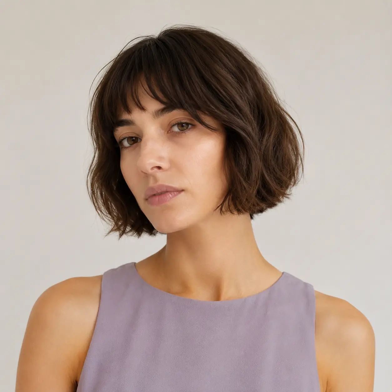 Soft wavy chin-length bob in brown with loose waves adding body to fine hair