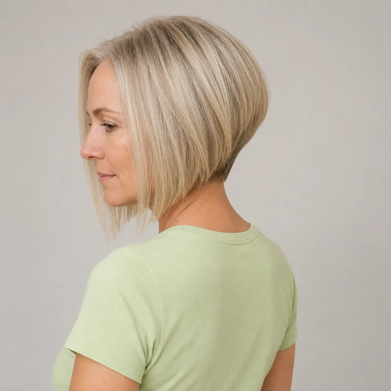 Blonde stacked A-line bob over dark roots combining a lifted back with a forward-falling line