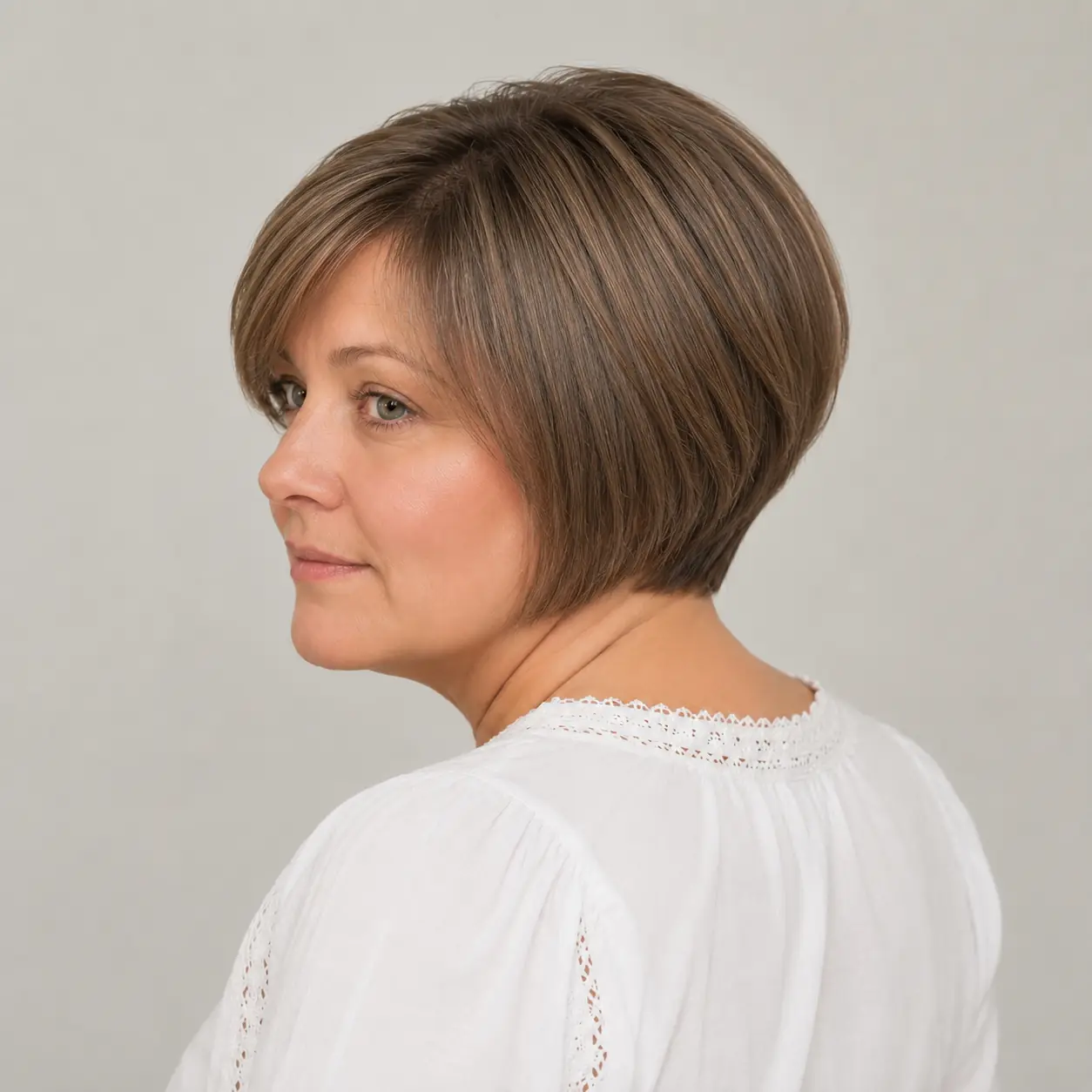 Brown stacked bob with graduated layers building a rounded lifted back on fine hair