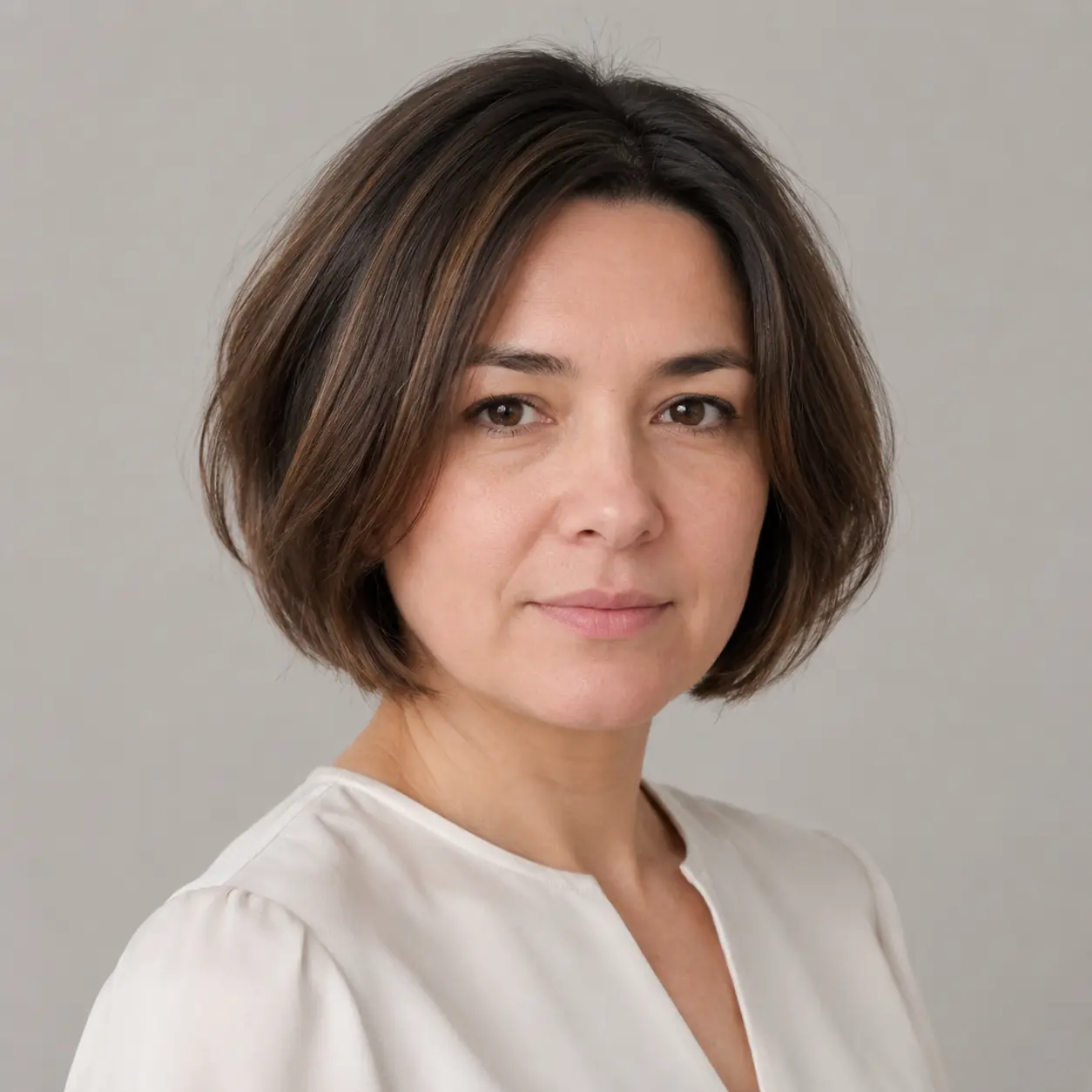 Brown bob with subtle point-cut internal layers adding gentle bounce on fine hair