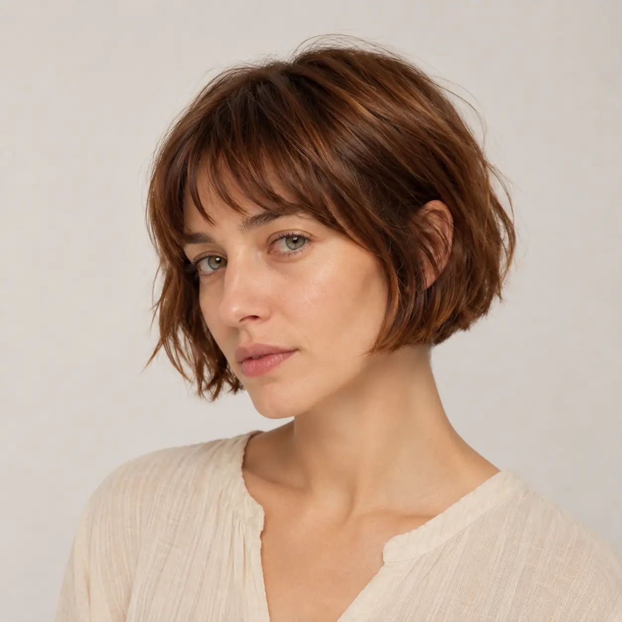 Tousled brown bob finished with sea-salt spray for gritty piecey texture on fine hair
