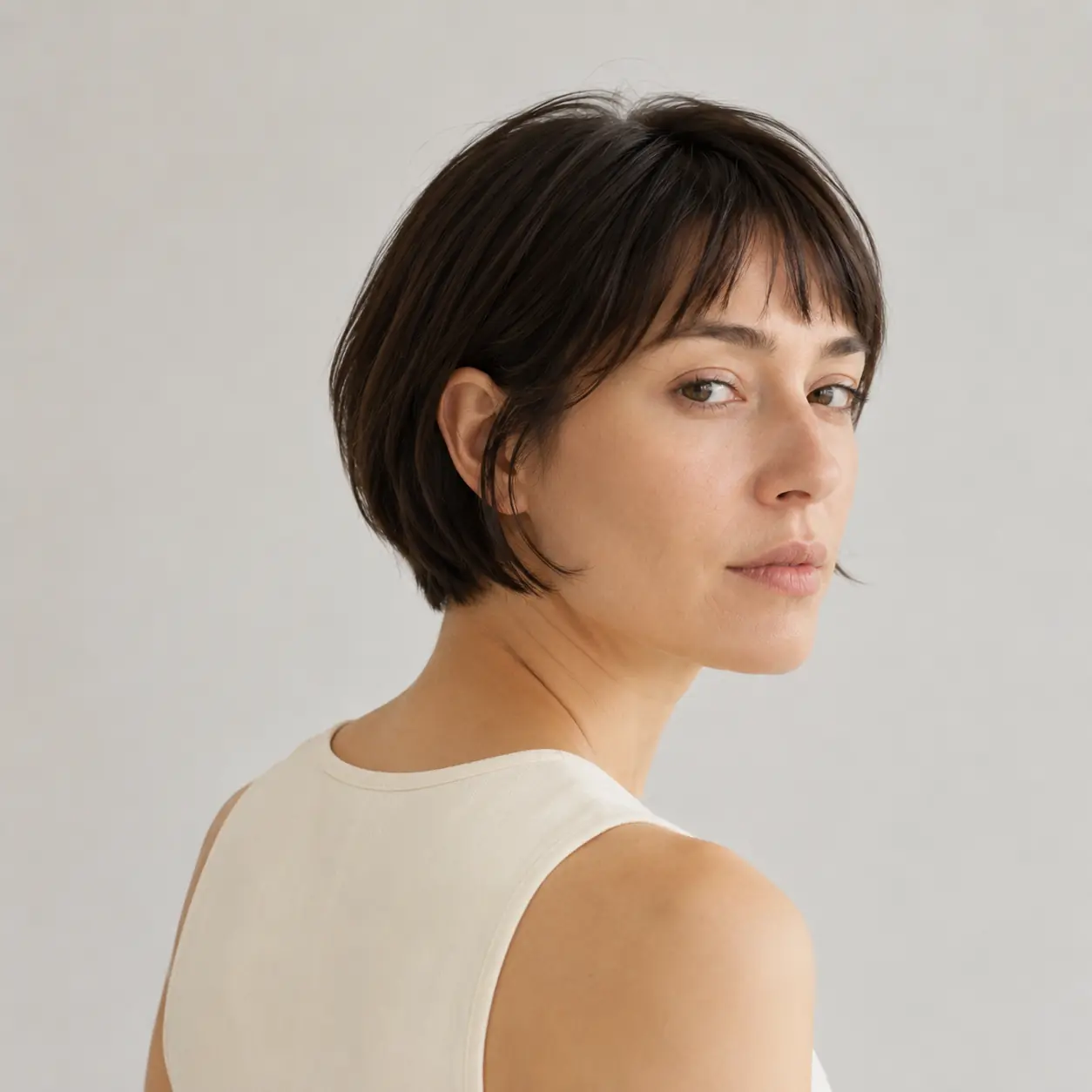 Sleek dark bob tucked behind one ear showing off a dense perimeter on fine hair