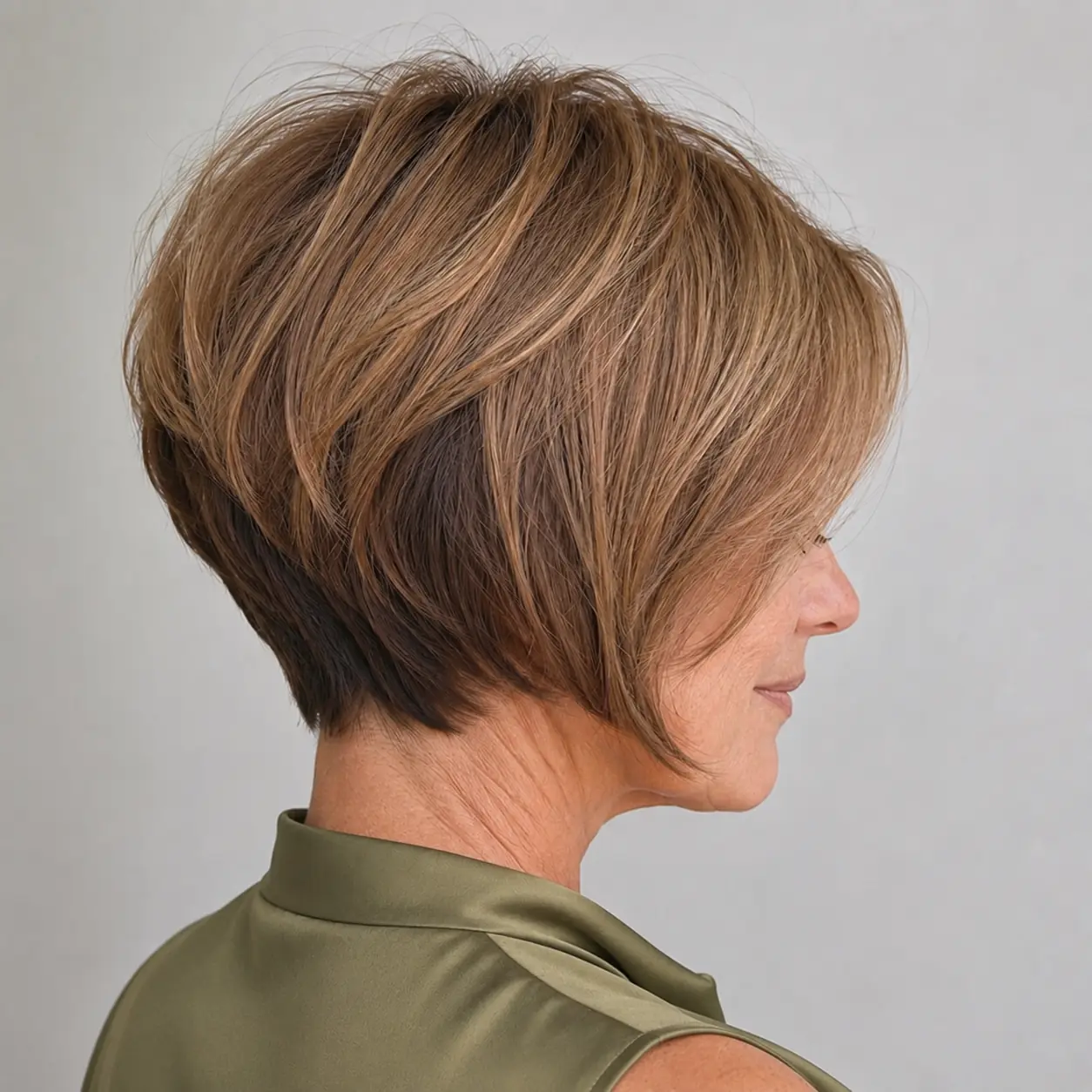 Two-tone stacked bob pairing a darker underneath with a brighter top for bold dimension on fine hair