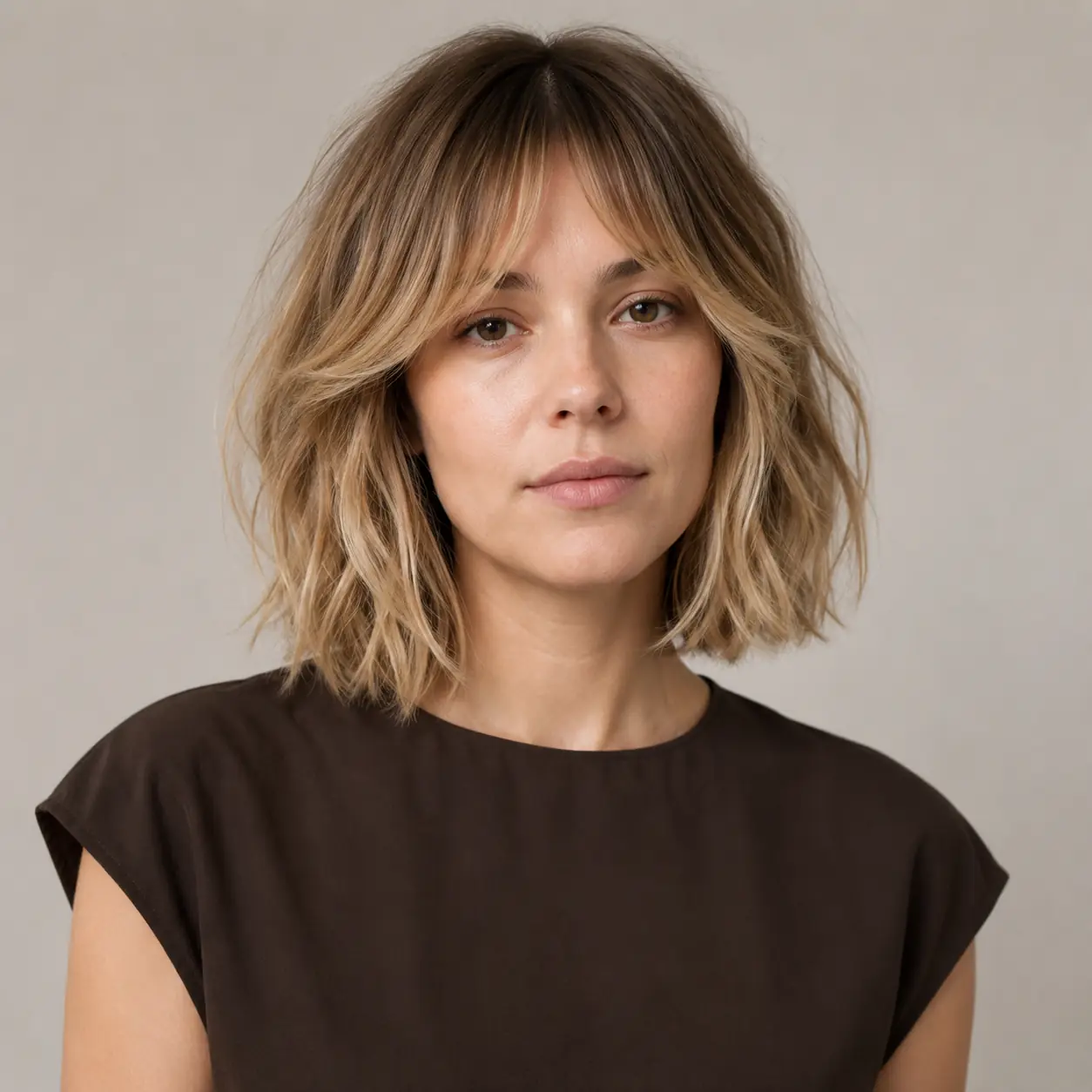 Brown bob with soft wispy curtain bangs framing the face and keeping it airy on fine hair