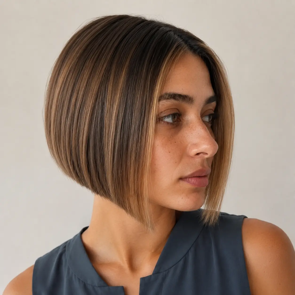 A-line bob angled longer at the front with caramel balayage ribbons on brown hair